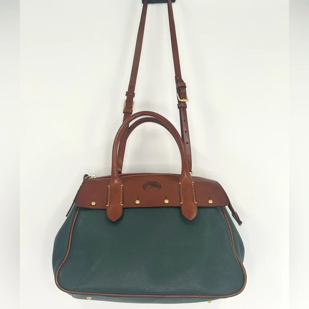 Vintage Dooney & Bourke Wilson Leather Satchel Handbag Purse, Forest Green/Tan - Picture 2 of 10